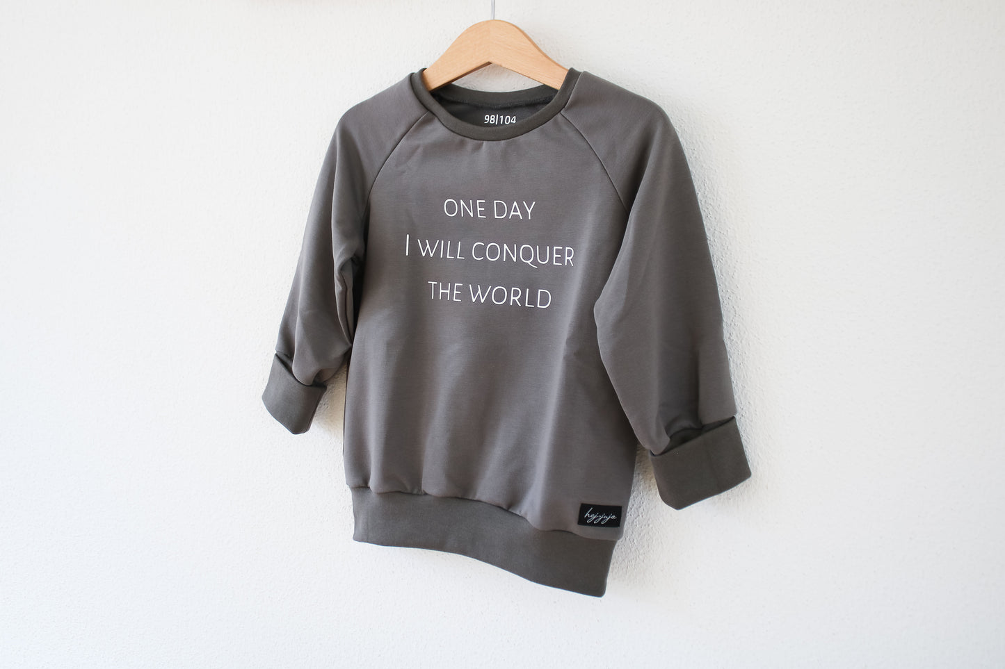 Sweater "one day I will conquer the world" (Taupe Grau/Beige)