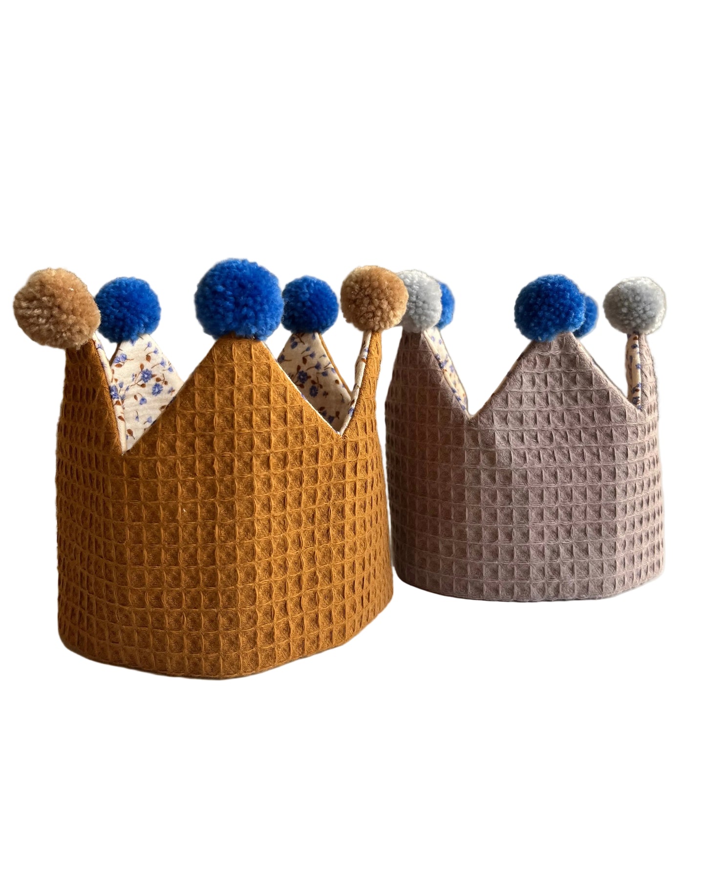 Stoffkrone zum Binden "Kinder-Geburtstag & Co" (Smokey Beige/Kornblume und Kupfer/Kornblume)
