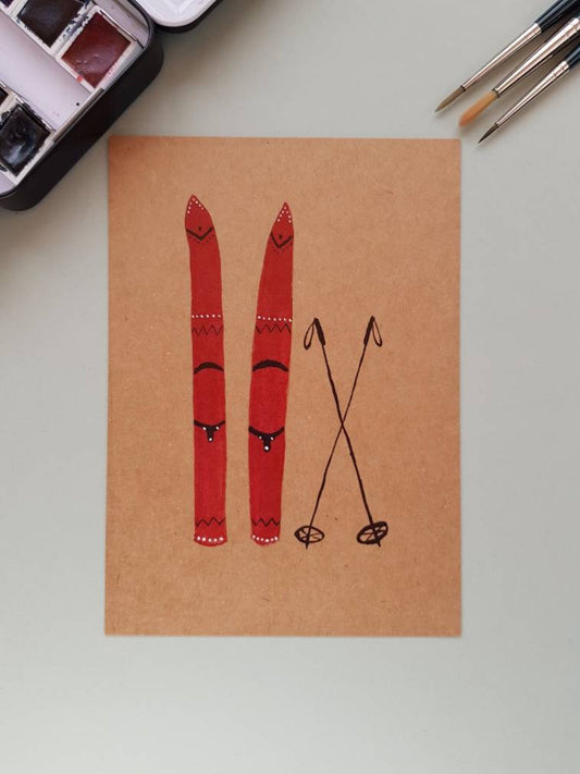 Postkarte "Skier" (handgemalt)