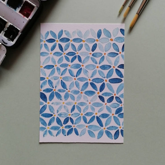 Postkarte "Blaue Blumen - Mosaiklook" (handgemalt)