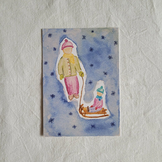 Postkarte "Schlittenkinder" (handgemalt)