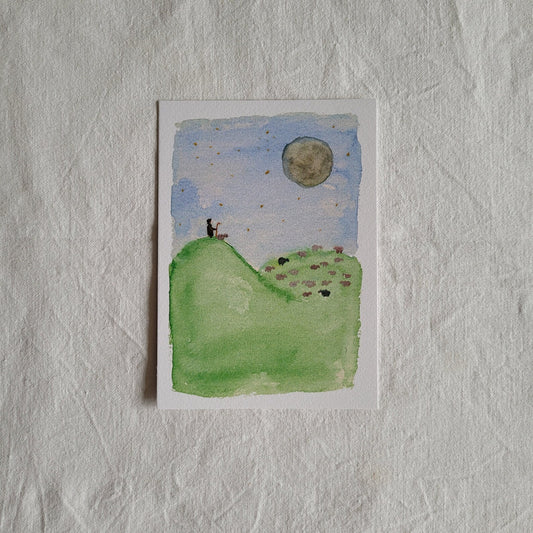 Postkarte "Hirte mit Schafen" (handgemalt)