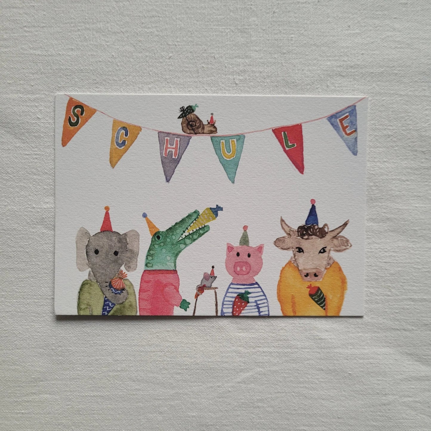 Postkarte "Tierschule" (handgemalt)