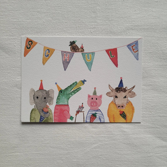 Postkarte "Tierschule" (handgemalt)