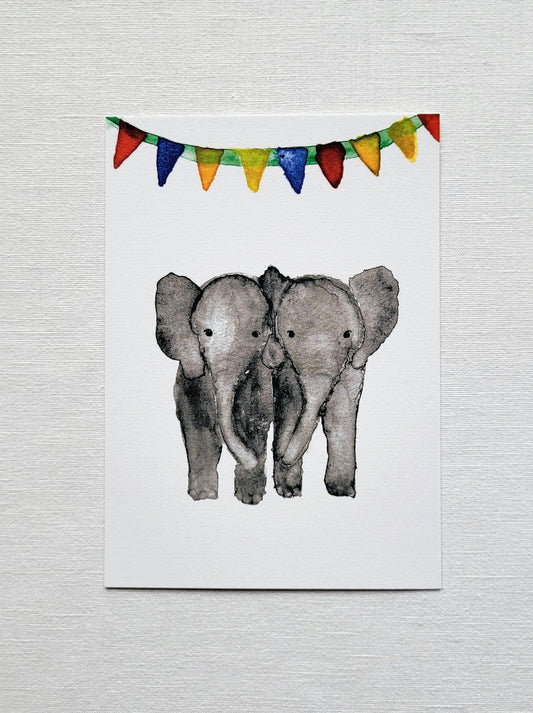 Postkarte "Elefantenparty - Wimpelkette" (handgemalt)