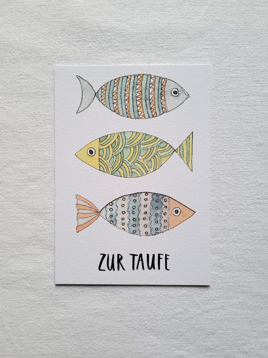 Postkarte "Zur Taufe - Fische" (handgemalt)